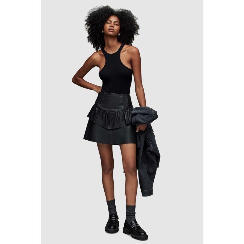 Kožená sukně AllSaints černá barva, mini, áčková