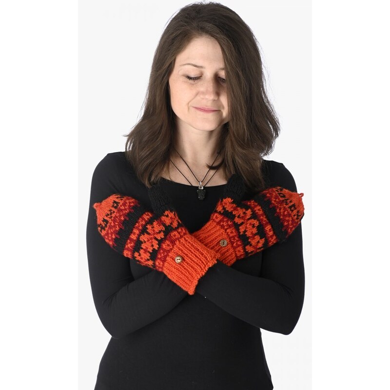 Nepál Vlněné převlékací rukavice černo-červené s norským vzorem