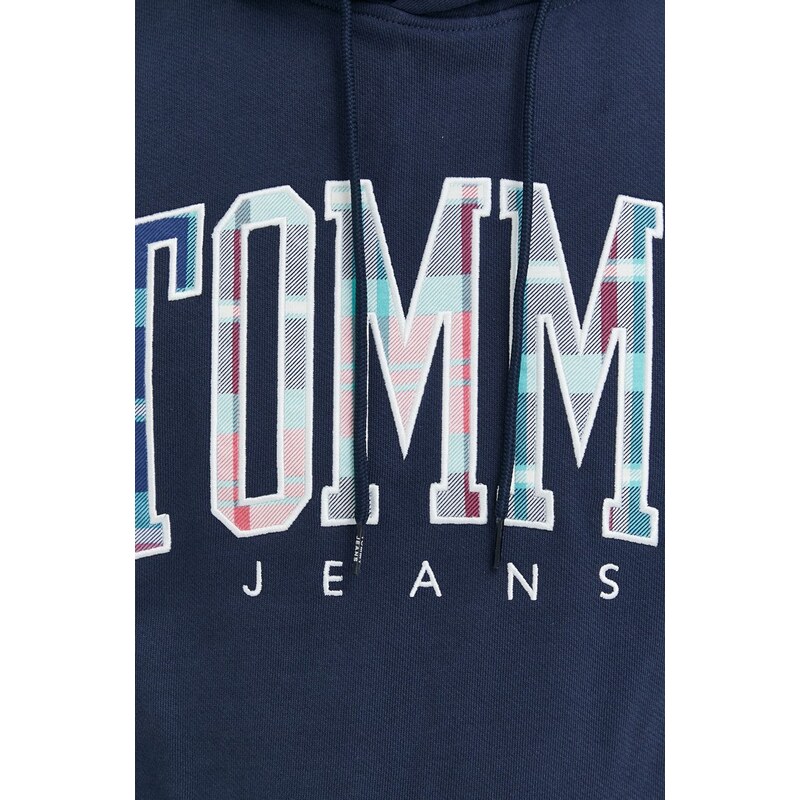 Bavlněná mikina Tommy Jeans pánská, tmavomodrá barva, s kapucí, s aplikací