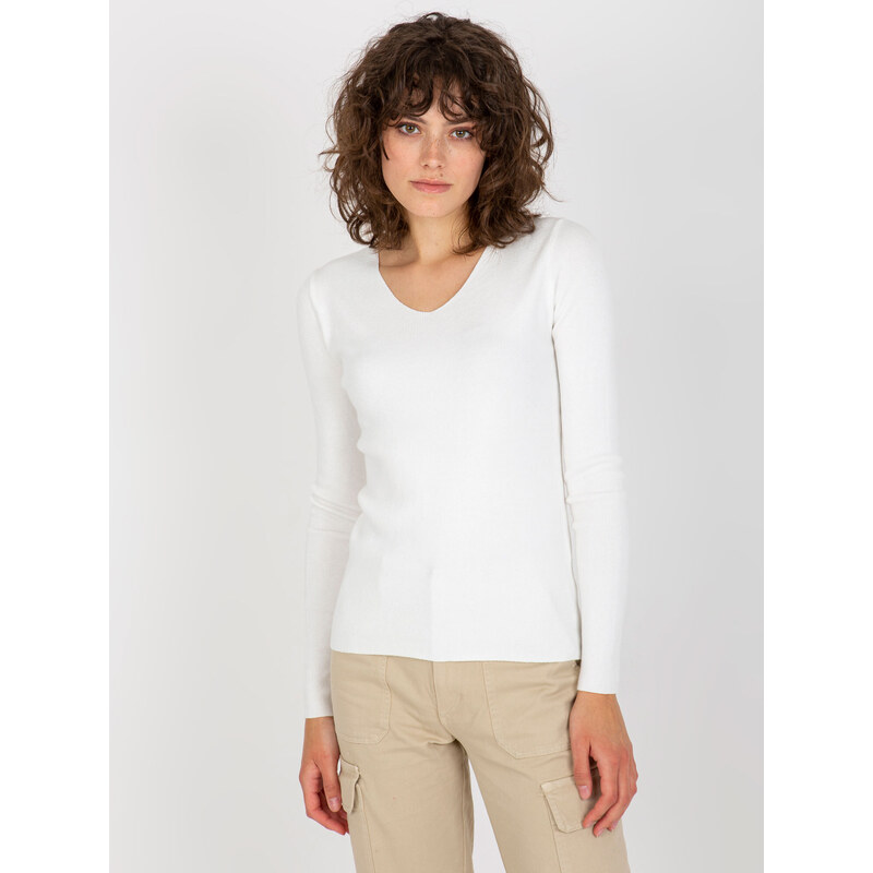 Fashionhunters Bílý jednoduchý klasický svetr s výstřihem