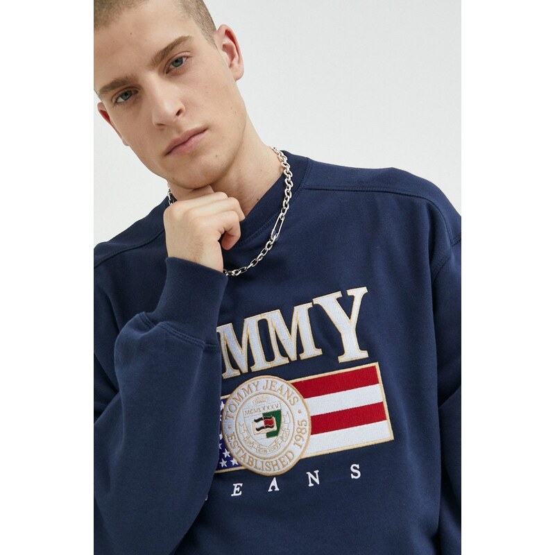 Bavlněná mikina Tommy Jeans pánská, tmavomodrá barva, s aplikací