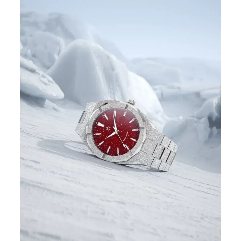 Stříbrné pánské hodinky Paul Rich s ocelovým páskem Frosted Star Dust - Silver Red 45MM