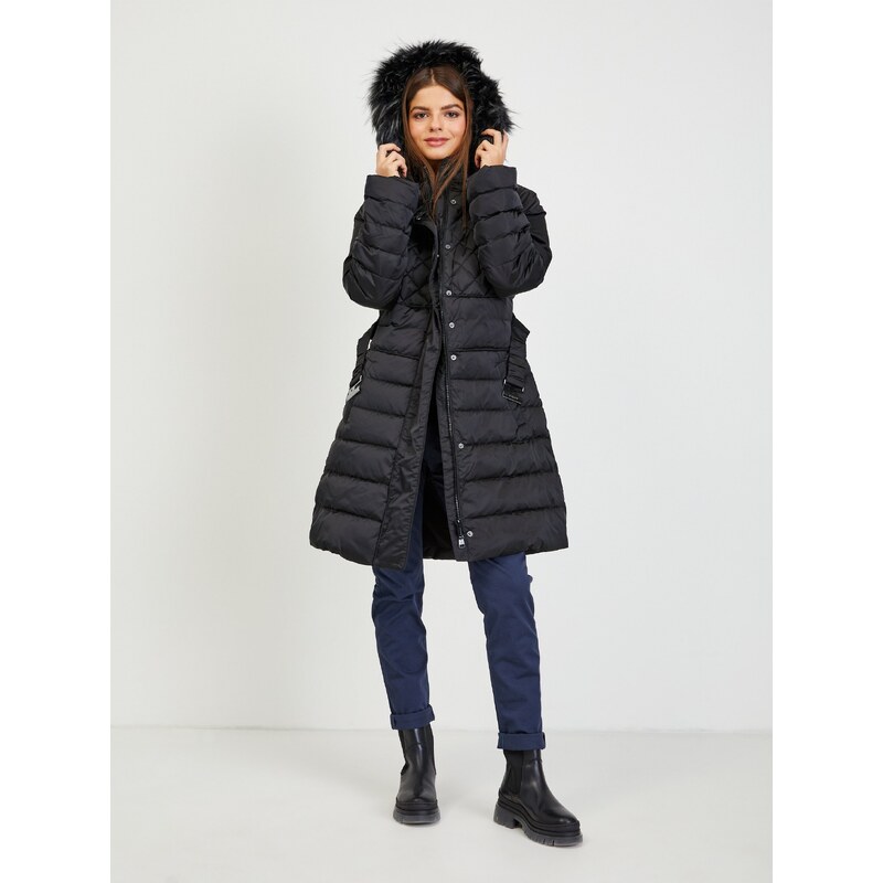 Guess Černý dámský péřový zimní kabát s odepínací kapucí a kožíškem Gu - Dámské