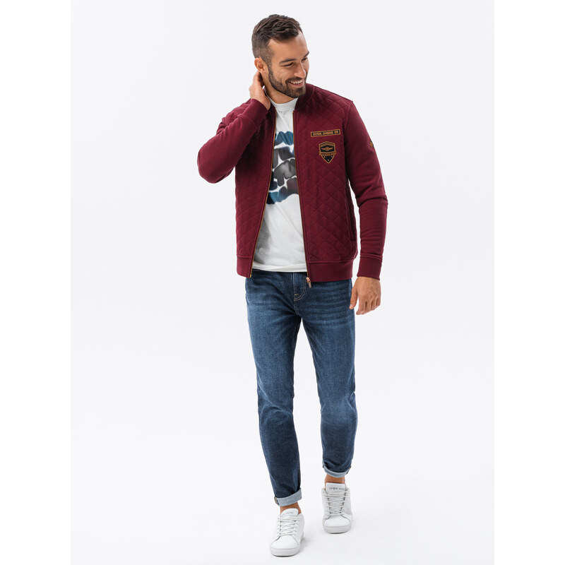 Ombre Clothing Pánská mikina na zip bez kapuce - bordó B1422