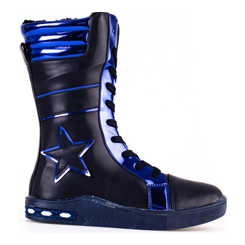 Girls' leather ankle boots with high upper Shelvt navy blue