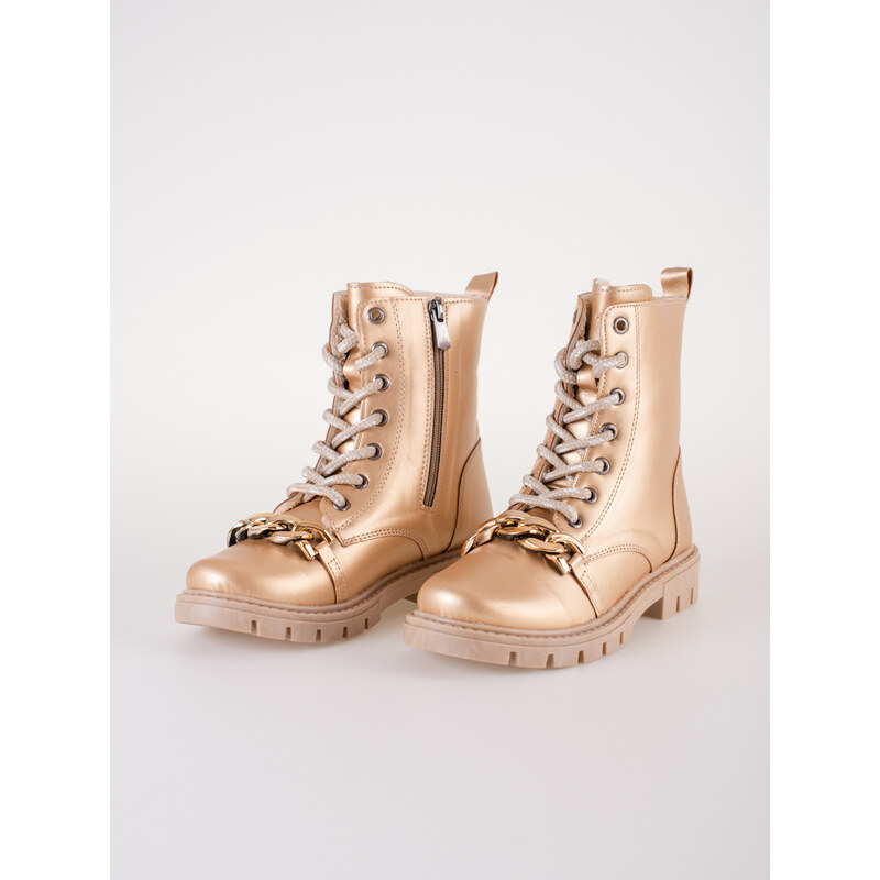 Gold girls' leather ankle boots with Shelovet chain