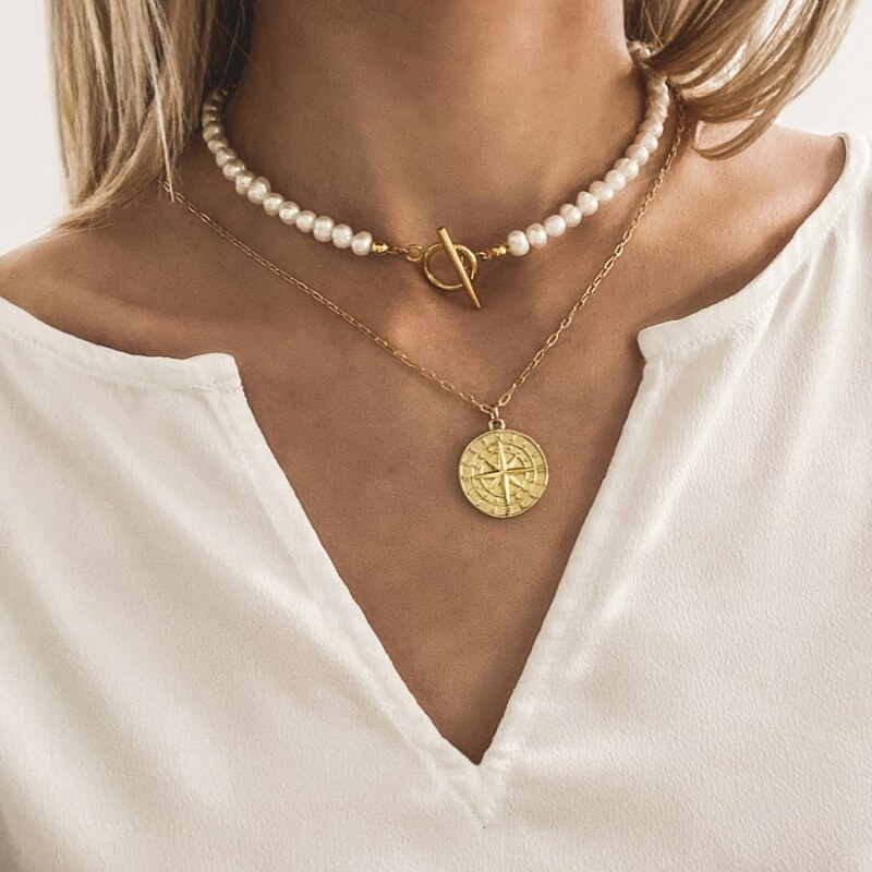 Manoki Perlový choker náhrdelník Blanca Gold - chirurgická ocel, sladkovodní perla