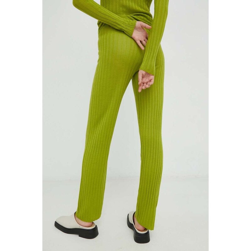 Vlněné kalhoty Résumé dámské, zelená barva, jednoduché, high waist