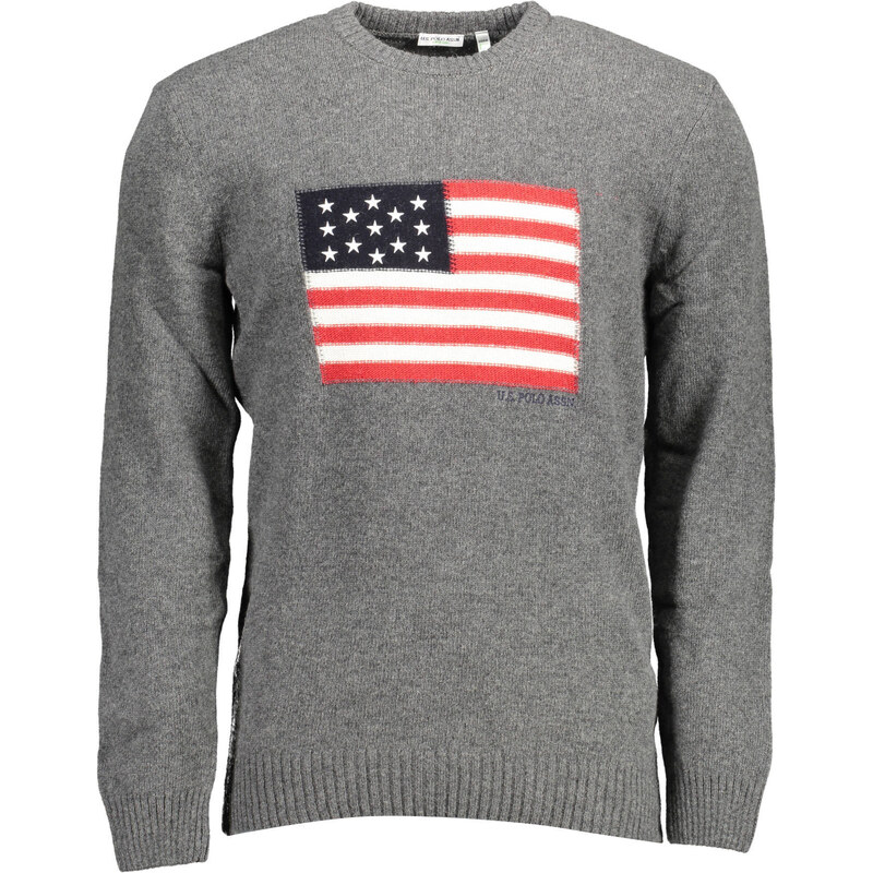 US Polo Assn Pánský šedý svetr s americkou vlajkou