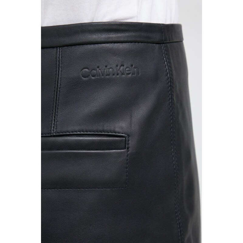 Kožená sukně Calvin Klein černá barva, midi