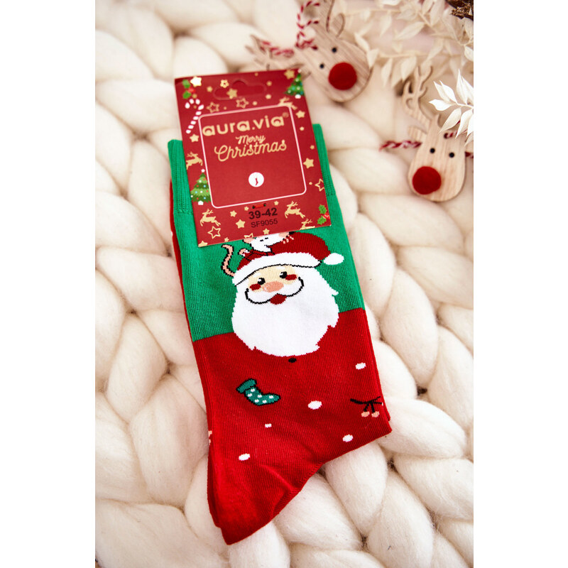Kesi Pánské vánoční bavlněné ponožky se Santa Clauses zelenými a červenými