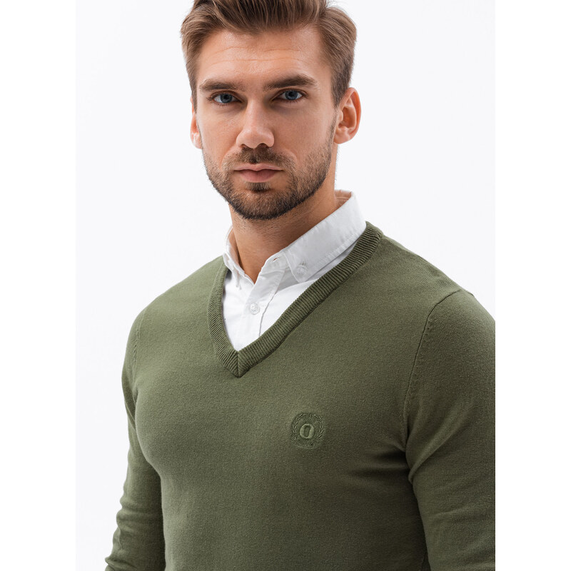 Ombre Clothing Pánský svetr s bílým límcem - olivový V5 E120
