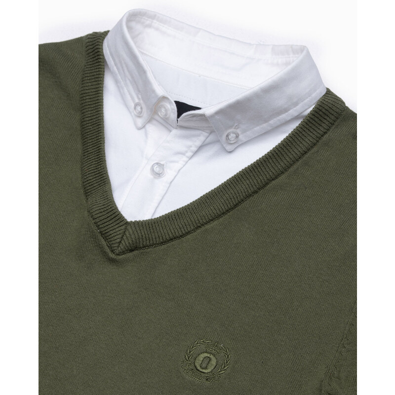 Ombre Clothing Pánský svetr s bílým límcem - olivový V5 E120