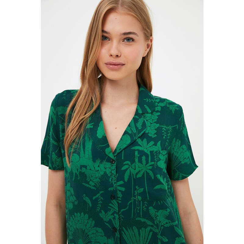 Trendyol Green Print Detailed Viscose Shirt-Shorts Pajamas Set