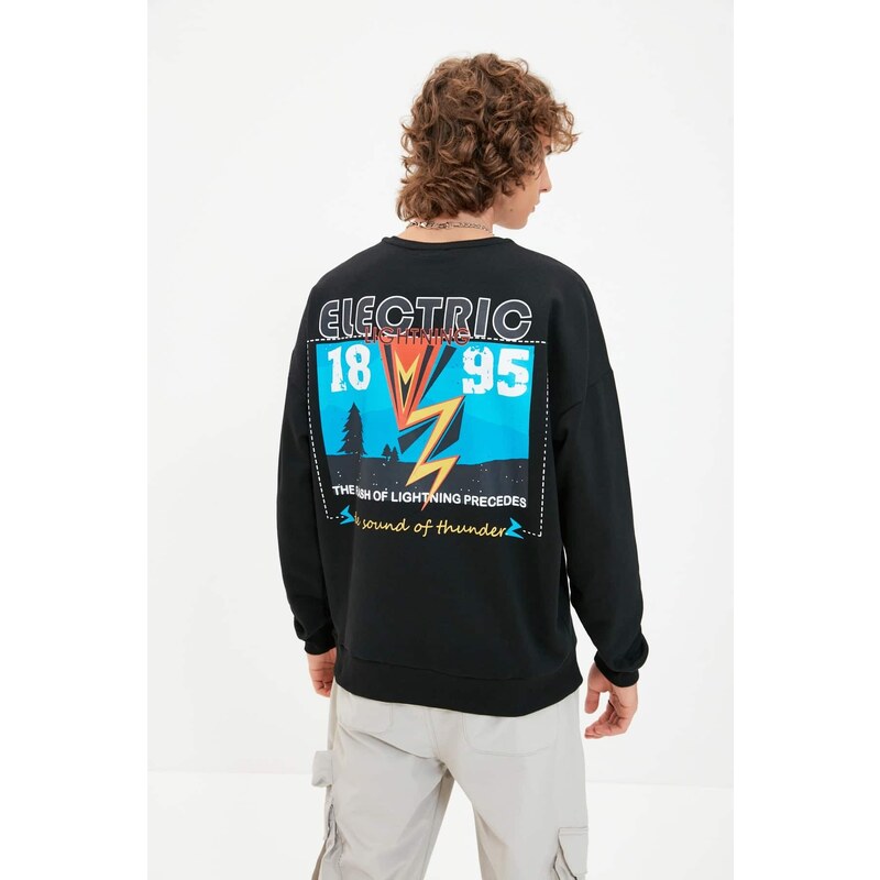 Trendyol Men's Black Printed Oversize/Wide-Fit Back Printed Fleece Sweatshirt
