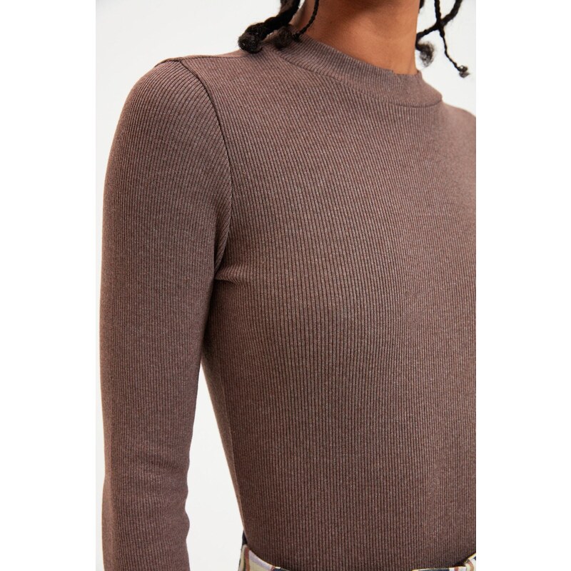 Trendyol Brown Stand-Up Collar Ribbed Knitted Body with Snap Snaps