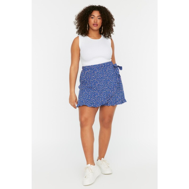 Trendyol Curve Blue Floral Patterned Woven Tied Shorts Skirt