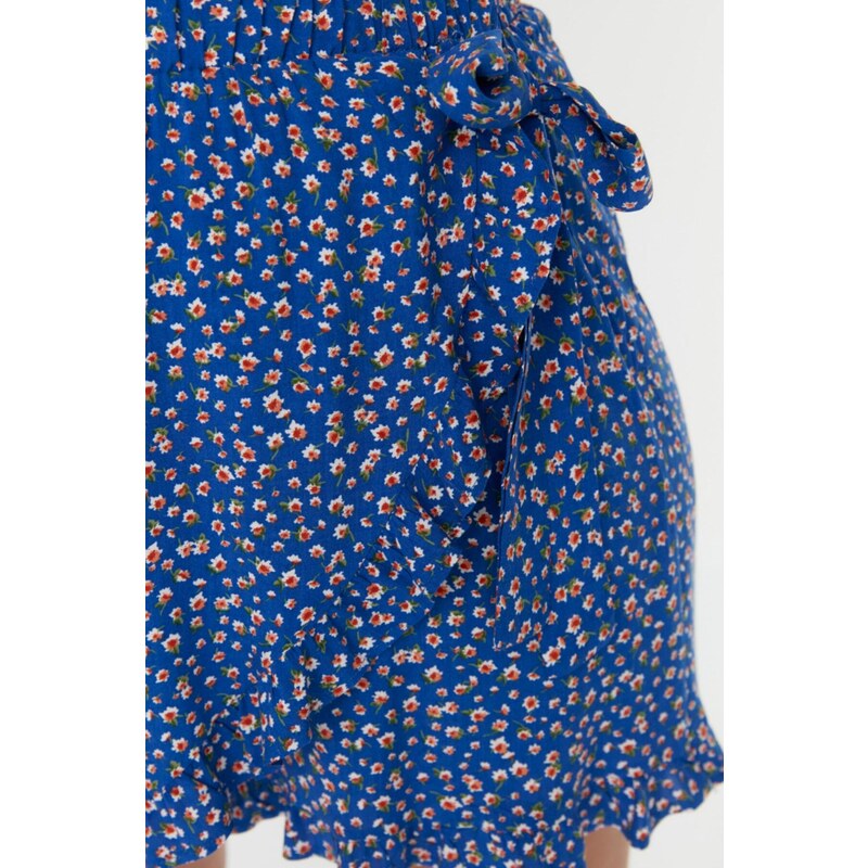 Trendyol Curve Blue Floral Patterned Woven Tied Shorts Skirt