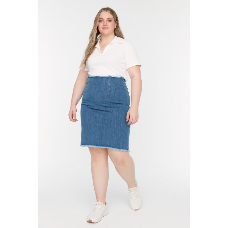 Trendyol Curve Blue High Waist Slim Denim Skirt