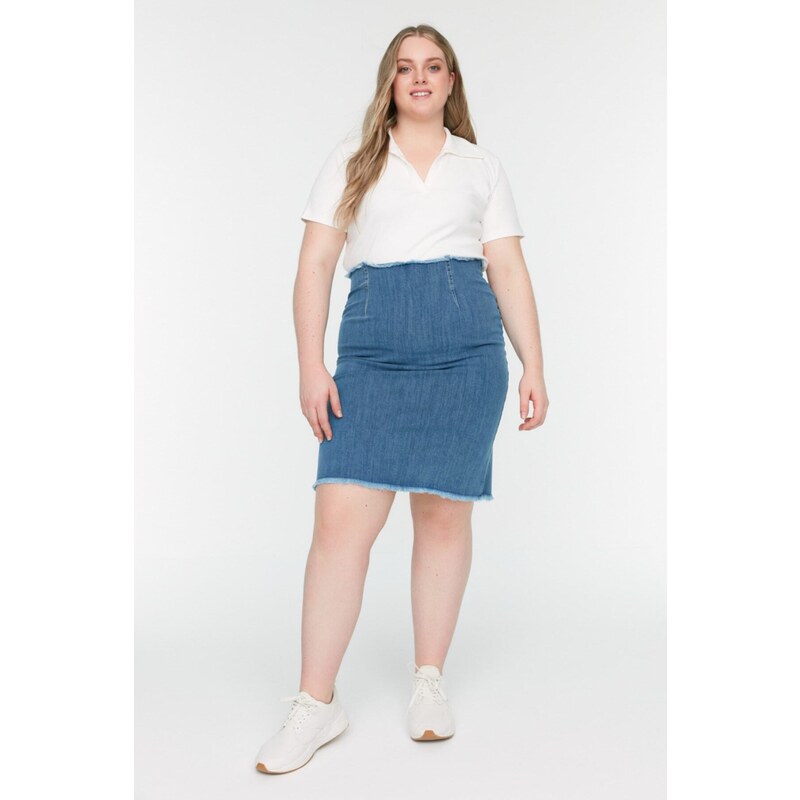 Trendyol Curve Blue High Waist Slim Denim Skirt