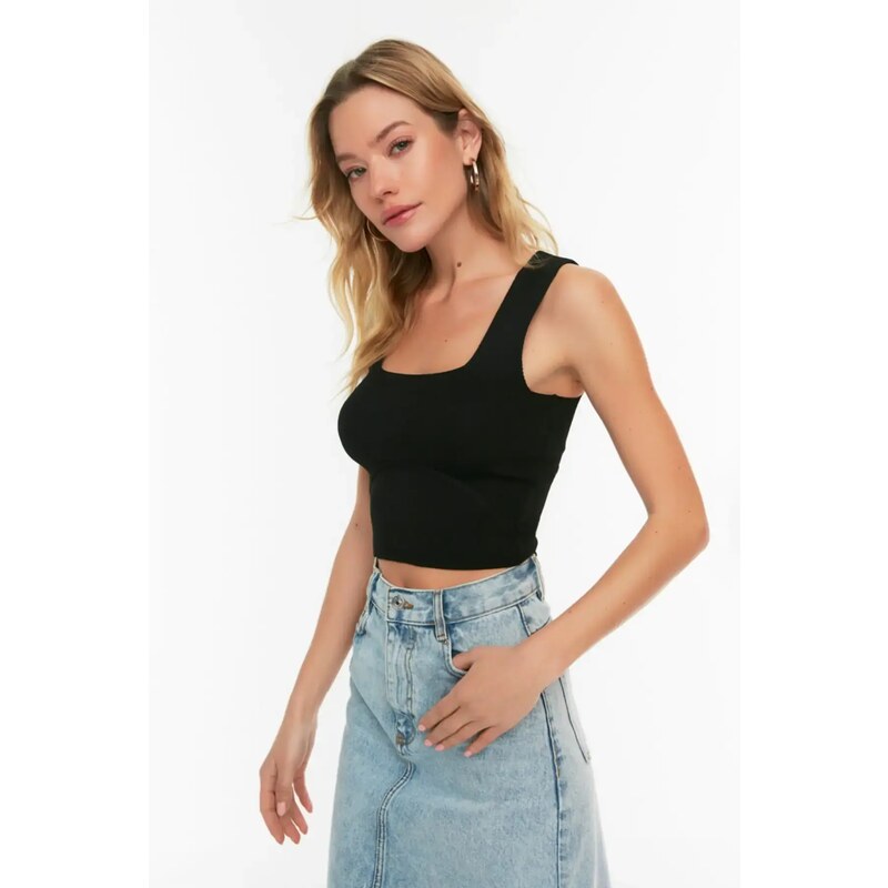 Trendyol Black Halter Corduroy Crop Knitwear Blouse