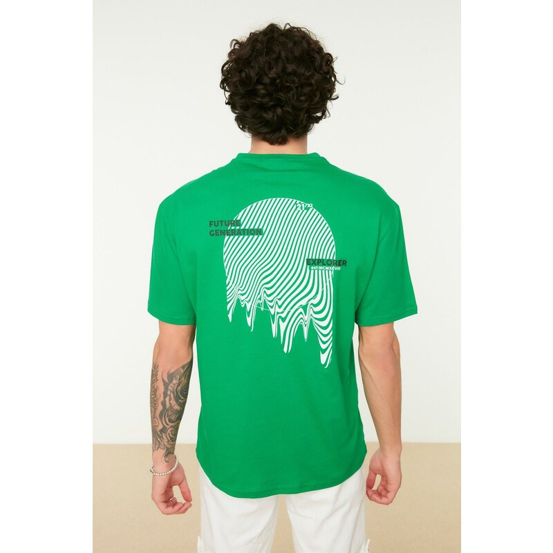 Trendyol Zelená Pánské Uvolněný/Neformální střih Krátký rukáv Zadní tištěné tričko ze 100% bavlny