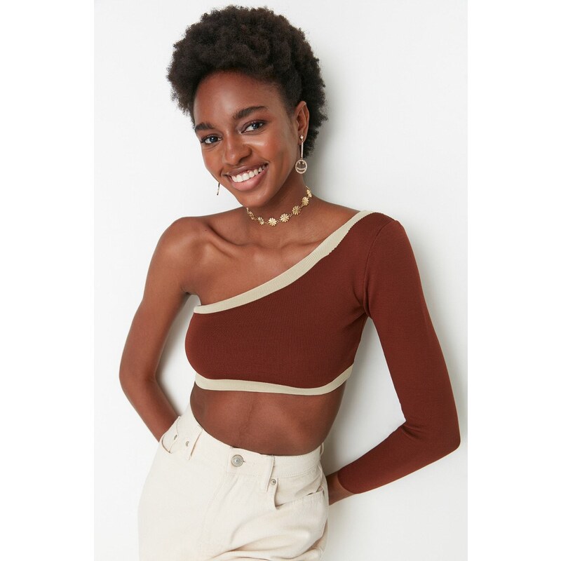 Trendyol Hnědý Crop Jednoramenný Pletený Top