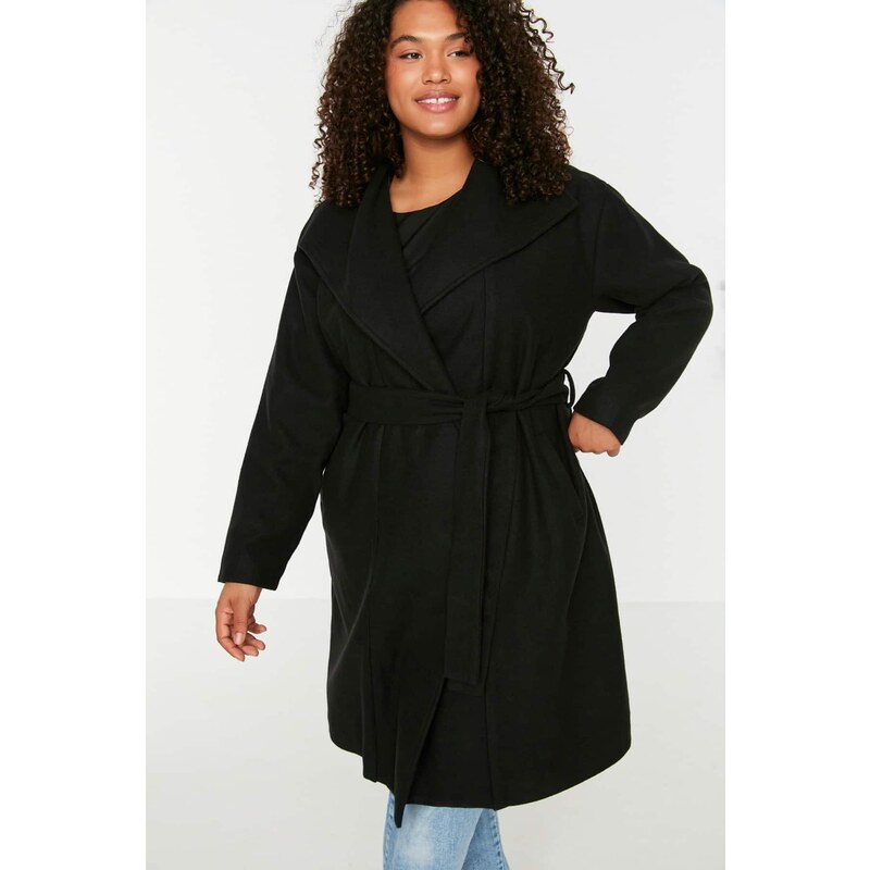 Trendyol Curve Black Belted Wide Collar Oversize Cashmere Coat