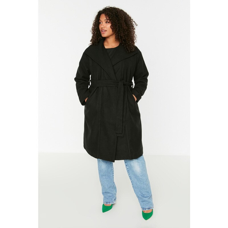 Trendyol Curve Black Belted Wide Collar Oversize Cashmere Coat