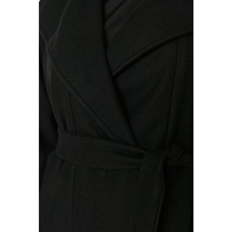 Trendyol Curve Black Belted Wide Collar Oversize Cashmere Coat