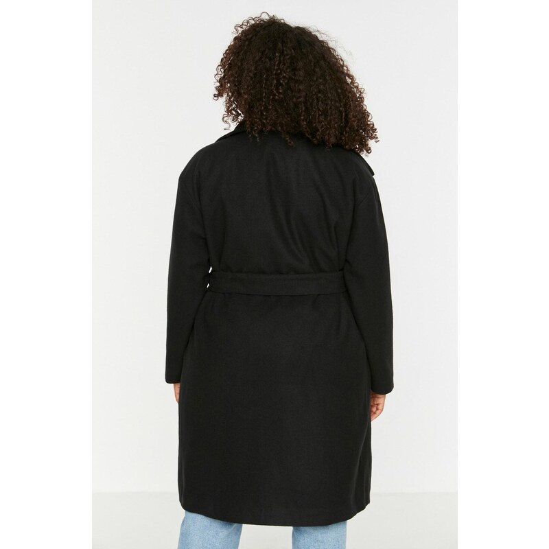 Trendyol Curve Black Belted Wide Collar Oversize Cashmere Coat