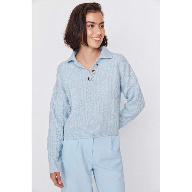 Trendyol Light Blue Crop Polo Collar Knitwear Sweater