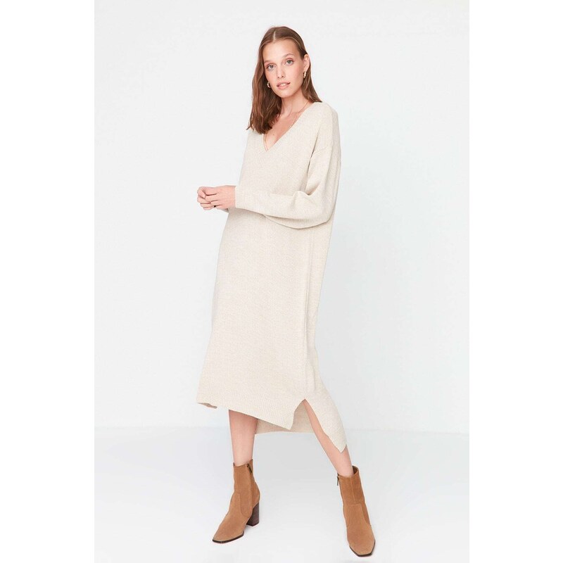 Trendyol Stone Maxi Knitwear V Neck Dress