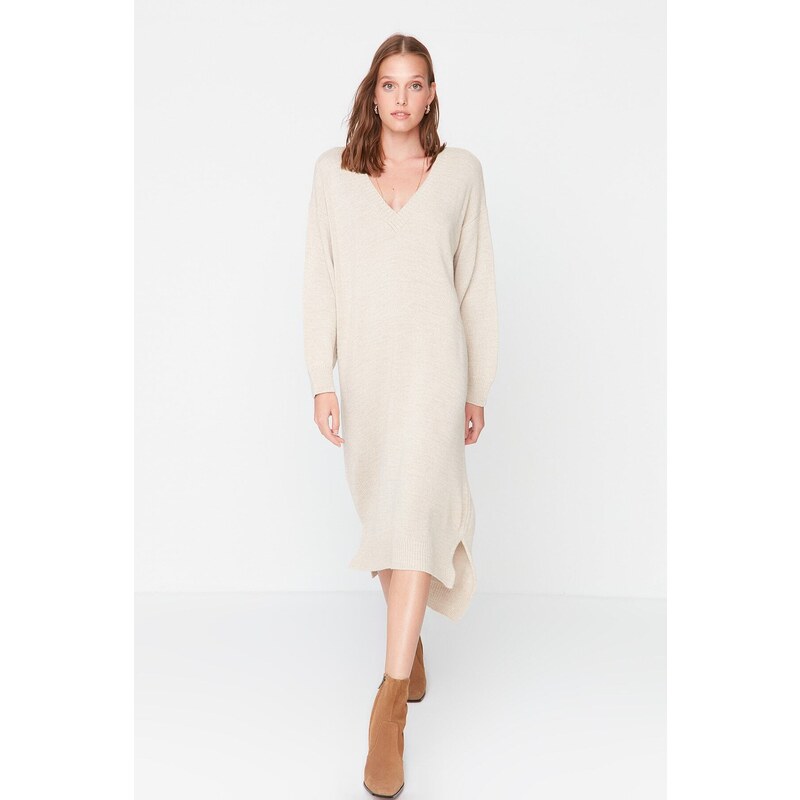 Trendyol Stone Maxi Knitwear V Neck Dress