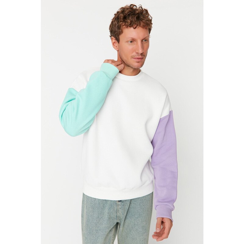 Trendyol Ecru Men's Oversize/Wide Cut Crew Neck Paneled Sweatshirt