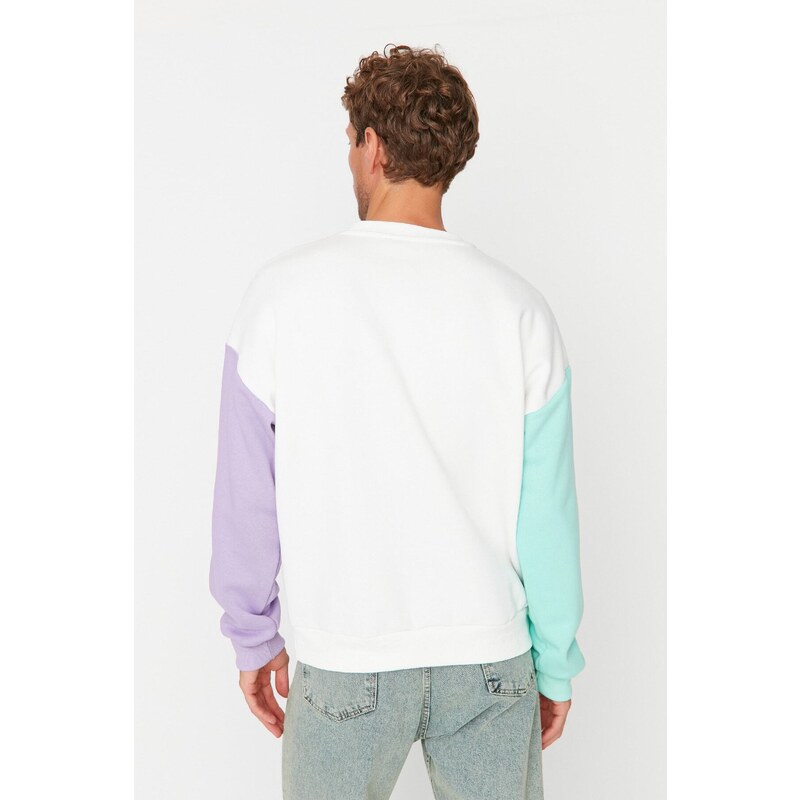 Trendyol Ecru Men's Oversize/Wide Cut Crew Neck Paneled Sweatshirt