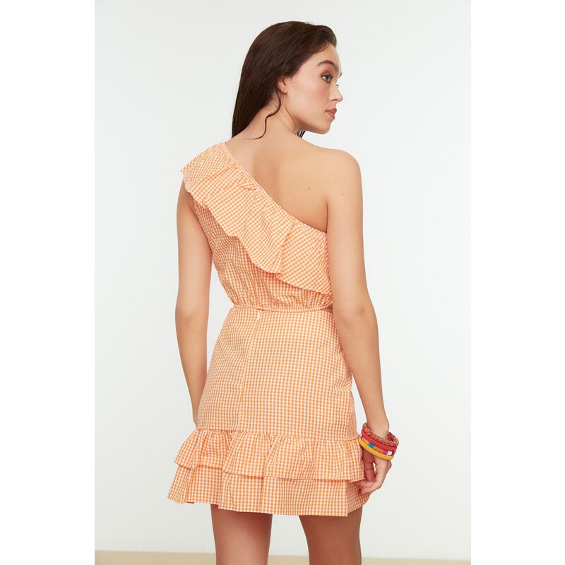 Trendyol Orange Gingham One-Shoulder Frilly Top Top Set