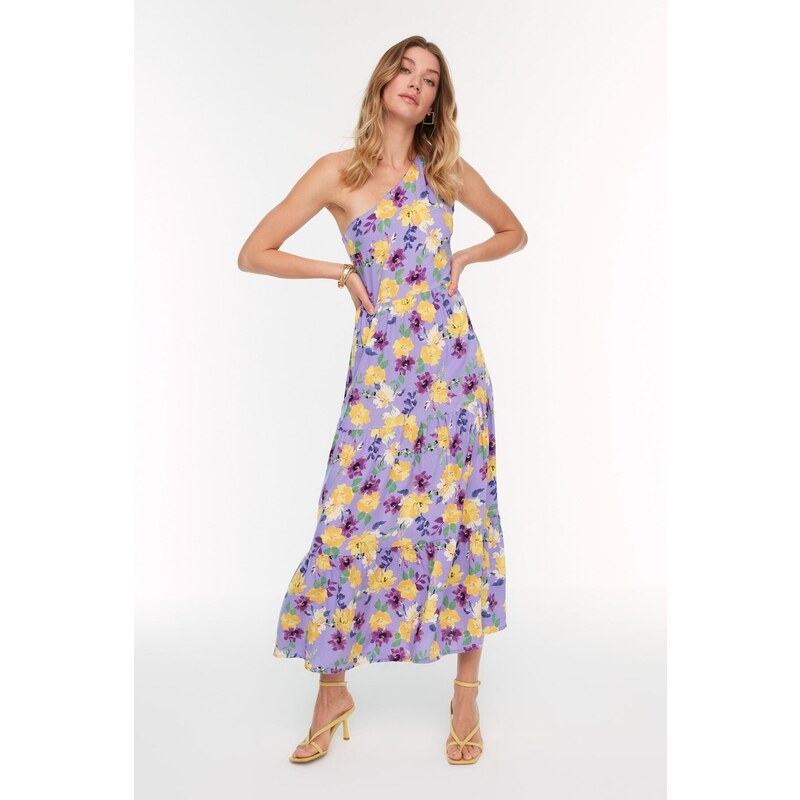Trendyol fialové tkané šaty s jedním rukávem s květinovým vzorem