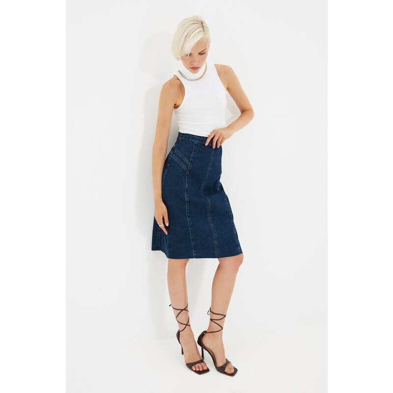 Trendyol Blue Stitch Detail Slit Midi Denim Skirt