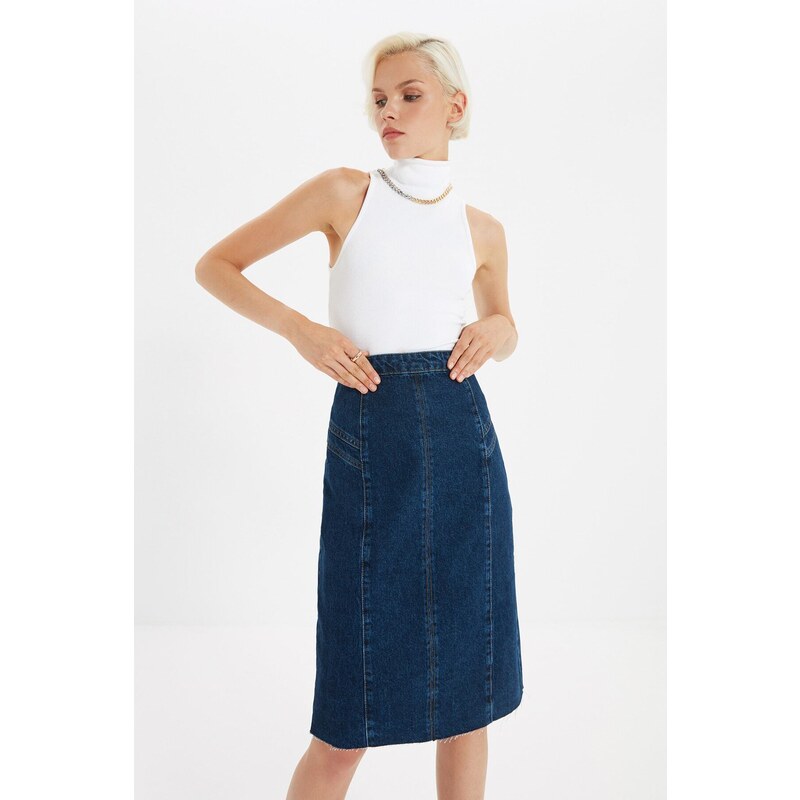 Trendyol Blue Stitch Detail Slit Midi Denim Skirt