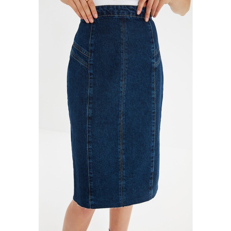 Trendyol Blue Stitch Detail Slit Midi Denim Skirt