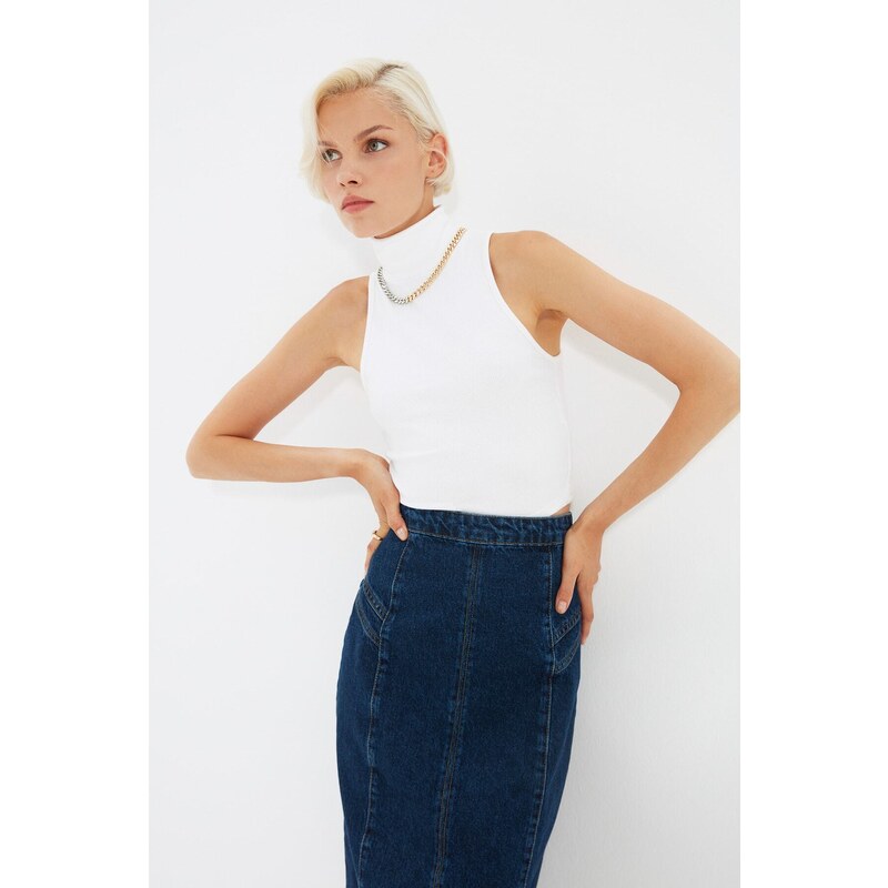 Trendyol Blue Stitch Detail Slit Midi Denim Skirt