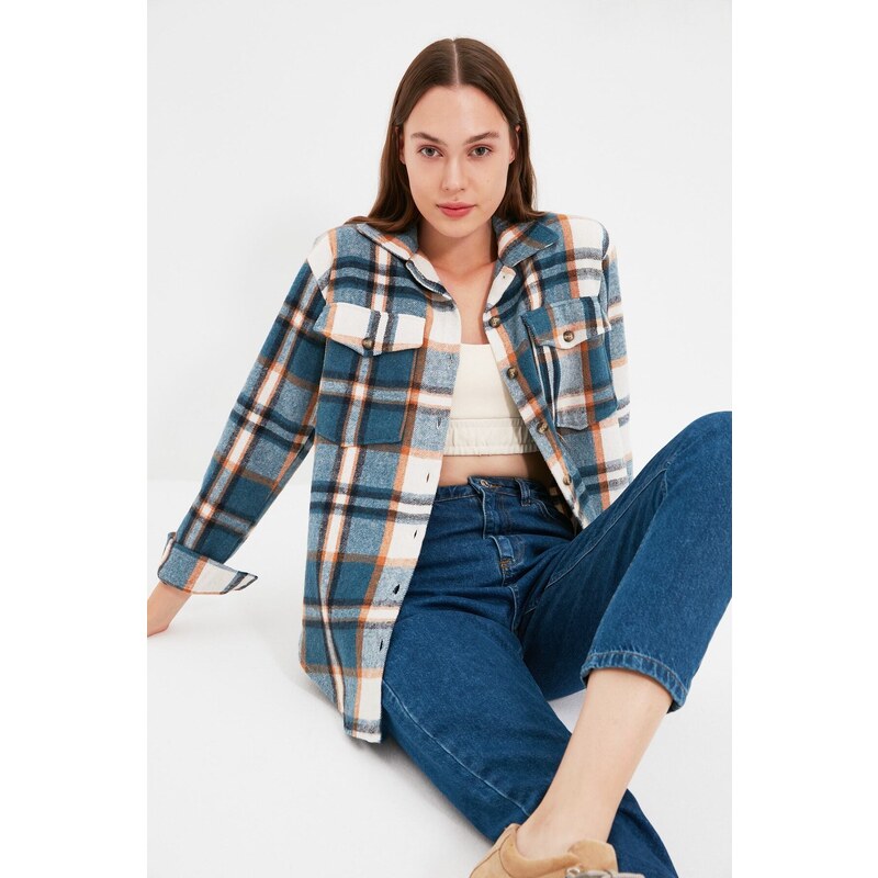 Trendyol modrá kostkovaná oversize/creature tkaná košile 107049966
