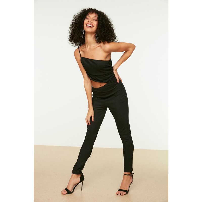 Trendyol Black Ruffle Detailed Knitted Jumpsuit