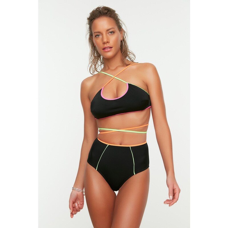 Trendyol Black High Waist Bikini Bottoms With Colorful Piping