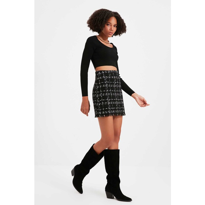 Trendyol Black Plaid Tweed Fabric Mini tkaná sukně