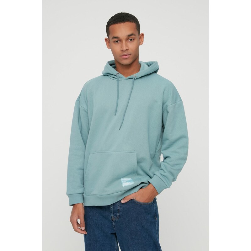 Trendyol Basic Mint Oversize/Wide-Fit Hooded Labeled Fleece Inner Sweatshirt