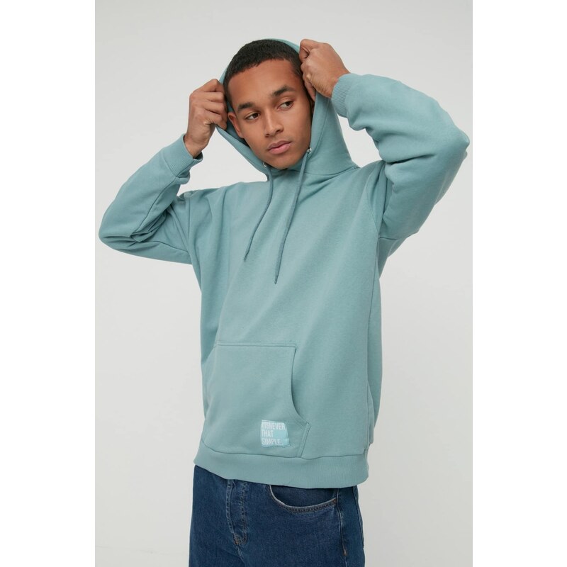 Trendyol Basic Mint Oversize/Wide-Fit Hooded Labeled Fleece Inner Sweatshirt