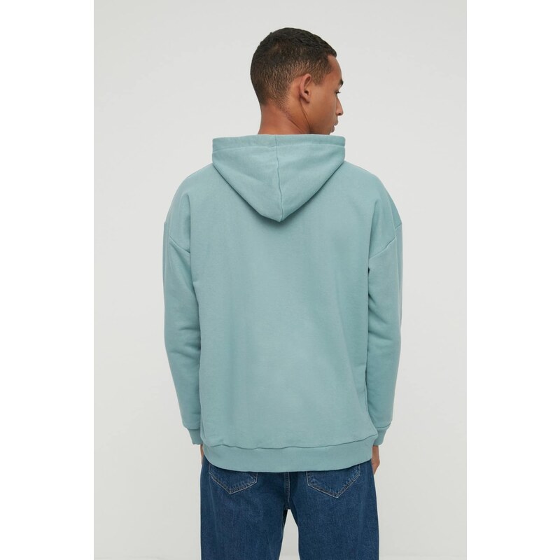 Trendyol Basic Mint Oversize/Wide-Fit Hooded Labeled Fleece Inner Sweatshirt