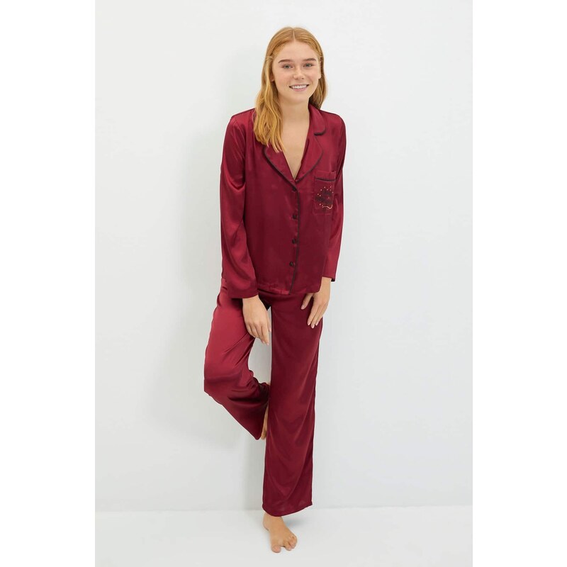 Trendyol Burgundy New Year Themed Embroidered Satin Shirt-Pants Woven Pajama Set